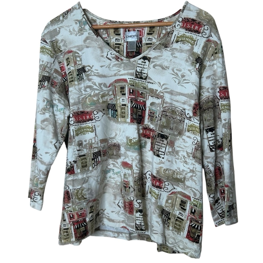 🩷Chicos women size 3 Xl slinky Europe cafe print trip 3/4 sleeves v neck brown